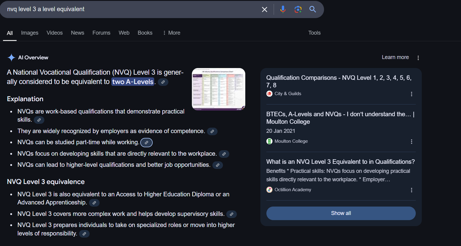 Google AI Overview result citing Octillion Academy for an NVQ qualification query